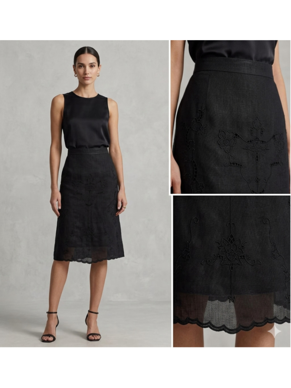 Women's Vintage Edward Black Linen Embroidered Midi Skirt Size 10.  1944